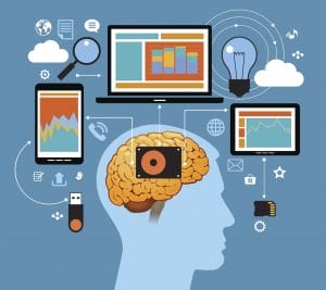 Illustration of a human head with a brain connected to digital devices like a laptop, tablet, and smartphone, symbolizing technology, data analysis, and information sharing, surrounded by icons for files, ideas, and communication.