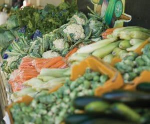 Synthetic biology vegetables A market stall displays a variety of fresh vegetables, including cucumbers, okra, carrots, cauliflower, and leafy greens, all arranged in colorful, abundant piles.