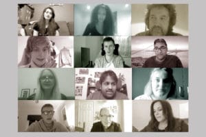 A grid of twelve people participating in a video call, each in their own space, displaying various facial expressions and backgrounds.
