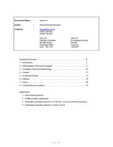 A page titled Document Status: Version 4 lists the author, Rhurari Bennett, their contact info, and addresses for two companies. The table of contents outlines sections and appendices in the document.