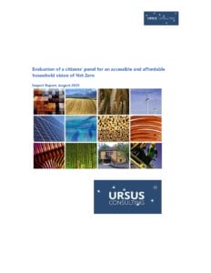 Cover page of a report titled “Evaluation of a citizens panel for an accessible and affordable household vision of Net Zero,” featuring a grid of images related to sustainability and the Ursus Consulting logo.
