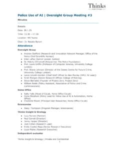 A meeting minutes document titled Police Use of AI | Oversight Group Meeting #3 lists attendance, including members from universities, Home Office, Scienswise, Thinks Insight & Strategy, and an independent evaluator.