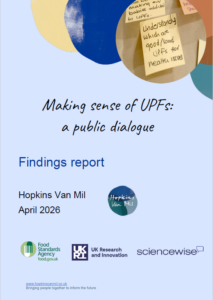 Cover page of a report titled Making sense of UPFs: a public dialogue. It features handwritten notes, logos of Food Standards Agency, UKRI, Sciencewise, and the text Findings report, Hopkins Van Mil, April 2026.