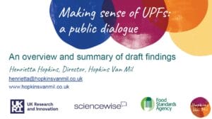 Slide titled Making sense of UPFs: a public dialogue. It presents An overview and summary of draft findings by Henrietta Hopkins. Logos for UKRI, Sciencewise, Food Standards Agency, and Hopkins Van Mil are shown.