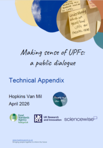 Cover page of a report titled “Making sense of UPFs: a public dialogue, Technical Appendix.” Includes logos for Food Standards Agency, UKRI, and Sciencewise, with sticky notes and the date April 2026.