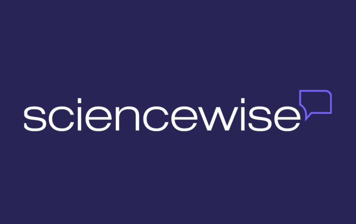The word sciencewise in white lowercase letters on a dark blue background, with a purple speech bubble outline around the last e.