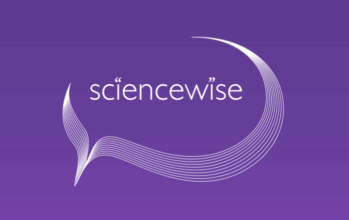 A stylized white speech bubble with wavy lines surrounds the word sciencewise on a purple background.