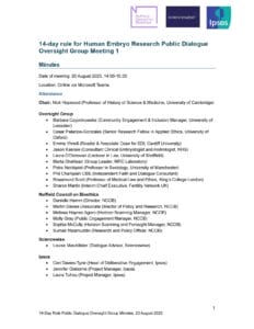 A meeting minutes document titled 14-day rule for Human Embryo Research Public Dialogue Oversight Group Meeting 1, listing the agenda, chair, oversight group members, partner organizations, and meeting details.