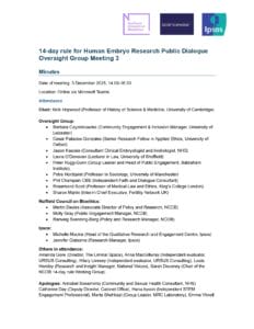 A meeting minutes document for the “14-day rule for Human Embryo Research” public dialogue, with lists of attendees, their affiliations, and oversight group details, formatted in a structured table layout with logos at the top.