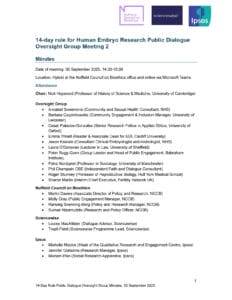 Page titled 14-day rule for Human Embryo Research Public Dialogue Oversight Group Meeting 2 Minutes, listing the date, agenda items, chair, oversight group members, and Ipsos representatives on a white background.