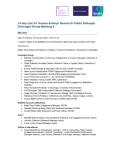 Agenda and attendee list for the 14-day rule for Human Embryo Research Public Dialogue Oversight Group Meeting 4 held on 15 January 2026, showing participants’ names, affiliations, and meeting details.
