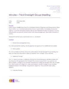 A typed meeting minutes document from the Climate Change Committee with the agenda, attendees, topics discussed, and summary points from the Third Oversight Group Meeting held online on 30 October 2025.