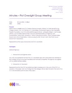 A meeting minutes document titled Minutes – First Oversight Group Meeting from the Climate Change Committee, dated 23 June 2025, listing attendees, agenda items, and apologies. Official logos and contact details are visible.