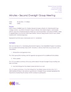 A meeting minutes document titled Minutes – Second Oversight Group Meeting from the Climate Change Committee, listing date, attendees, apologies, and key discussion points on citizen panels and CCCs role.