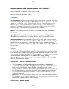 A meeting agenda document titled Engineering Biology Public Dialogue Oversight Group - Meeting #1.