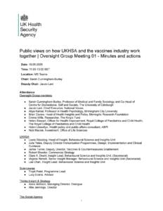 A meeting minutes document from the UK Health Security Agency titled Public views on how UKHSA and the vaccines industry work together, listing the date, attendees, and discussed topics, with a heading and government logo at the top.