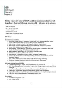Screenshot of a UK Health Security Agency meeting minutes document detailing an Oversight Group Meeting on 22 July 2022, including names of attendees and discussion topics about vaccines and public views.